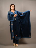 Load image into Gallery viewer, Blue Soft Premium Velvet Floral Embroidered Suit