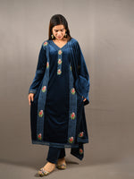 Load image into Gallery viewer, Blue Soft Premium Velvet Floral Embroidered Suit