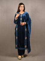 Load image into Gallery viewer, Blue Soft Premium Velvet Floral Embroidered Suit