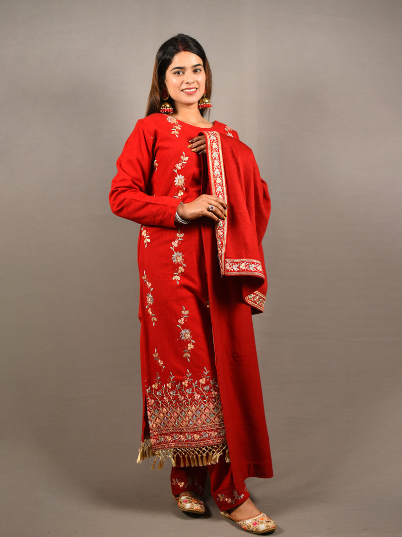 Red Floral Embroidered 3 Piece Woolen Suit