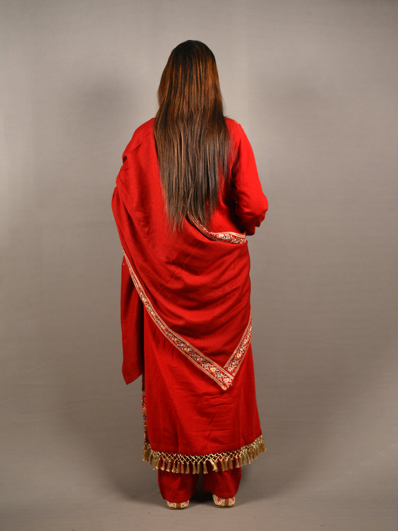 Red Floral Embroidered 3 Piece Woolen Suit