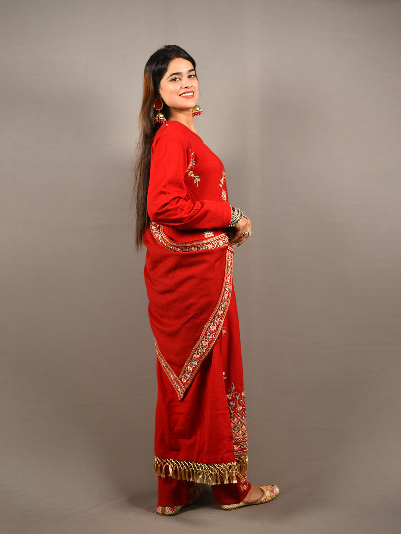 Red Floral Embroidered 3 Piece Woolen Suit