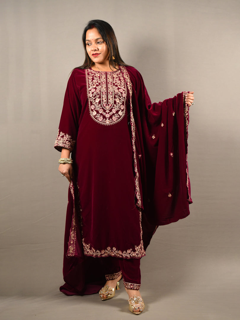 Soft Premium Velvet Floral Embroidered Suit