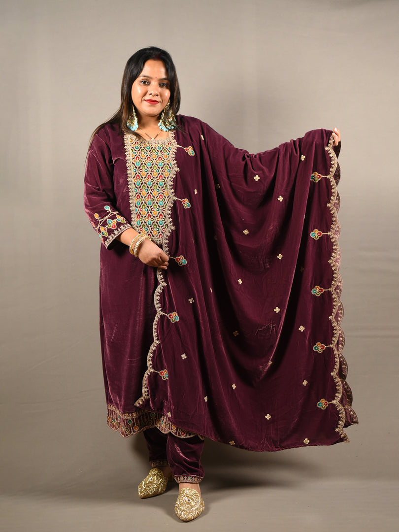 Purple Soft Premium Velvet Floral Embroidered Suit