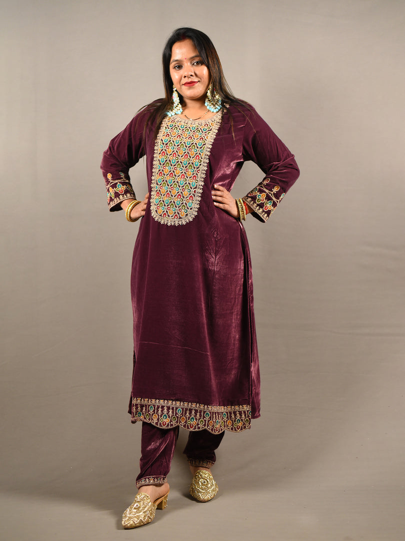 Purple Soft Premium Velvet Floral Embroidered Suit