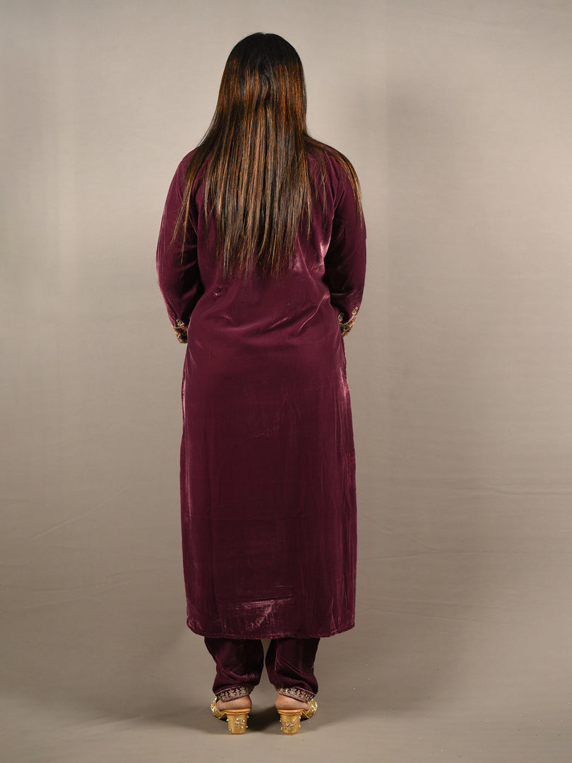 Purple Soft Premium Velvet Floral Embroidered Suit