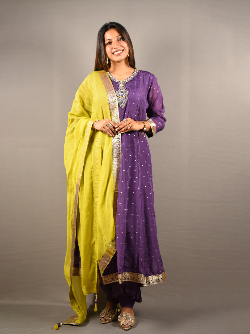 Purple Flared Suit Set With Green Dupatta And Gota Detailing