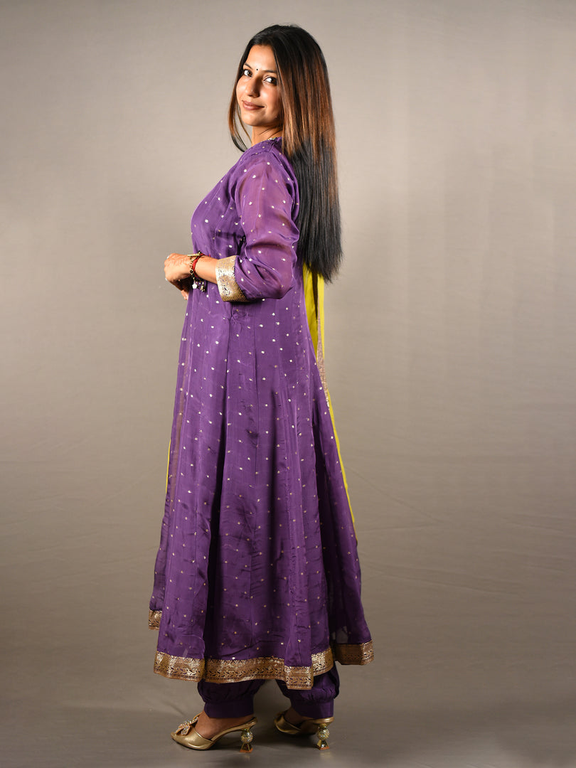 Purple Flared Suit Set With Green Dupatta And Gota Detailing