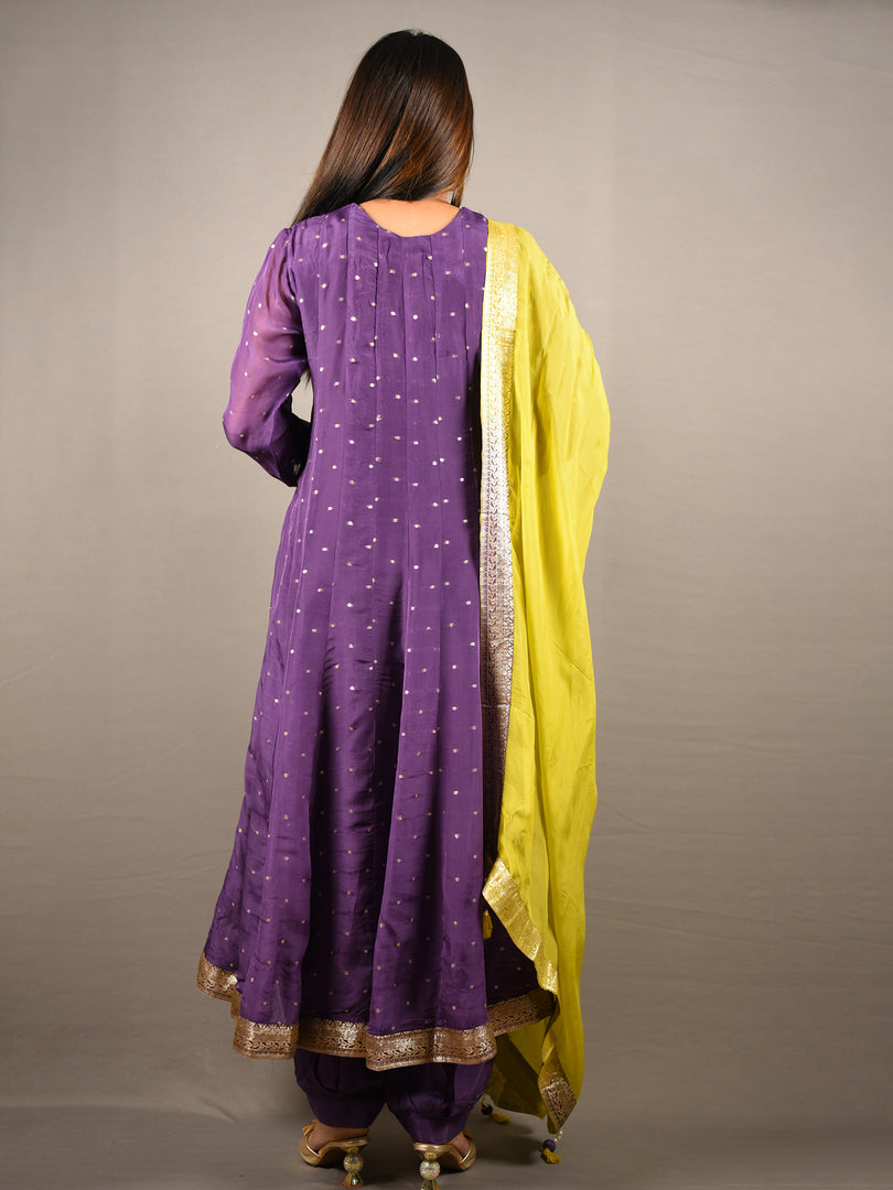 Purple Flared Suit Set With Green Dupatta And Gota Detailing