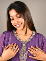 Load image into Gallery viewer, Purple Flared Suit Set With Green Dupatta And Gota Detailing