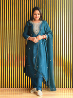 Load image into Gallery viewer, Peacock Blue Tissue Shimmer Suit With Dupatta