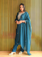 Load image into Gallery viewer, Peacock Blue Tissue Shimmer Suit With Dupatta
