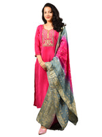 Load image into Gallery viewer, Pink Silk Fabric Embroidered suit with Banarasi Dupatta