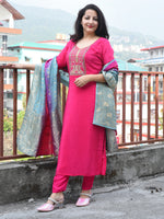 Load image into Gallery viewer, Pink Silk Fabric Embroidered suit with Banarasi Dupatta