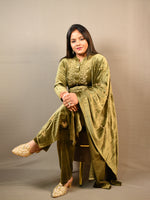 Load image into Gallery viewer, Green Soft Premium Velvet Floral Embroidered Suit