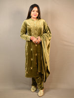 Load image into Gallery viewer, Green Soft Premium Velvet Floral Embroidered Suit