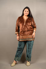 Load image into Gallery viewer, Brown and Teal Velvet Machine Weave Co-ord Set with Afghani Bottom trousers
