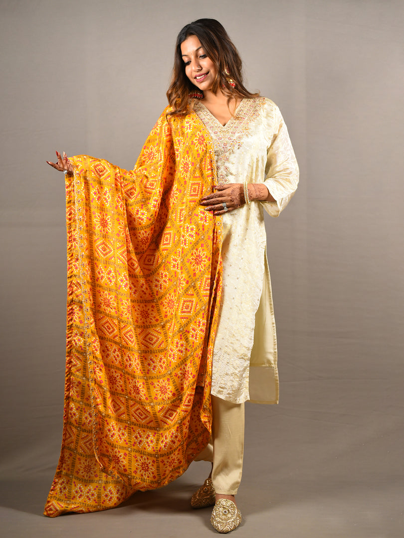 White and Orange 3 Piece Pure Cotton Suit