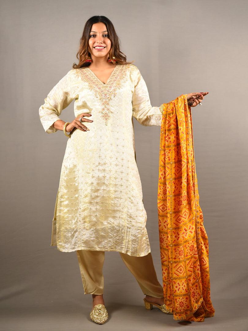 White and Orange 3 Piece Pure Cotton Suit