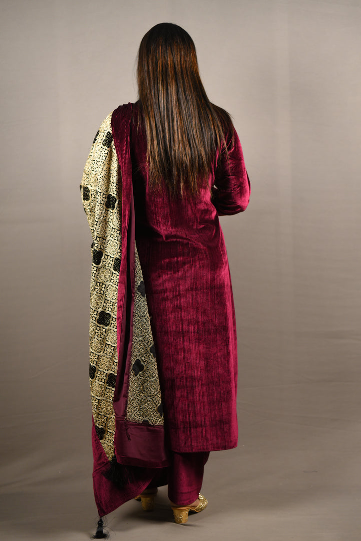 Maroon Cauterize Premium Velvet Floral Embroidered Suit