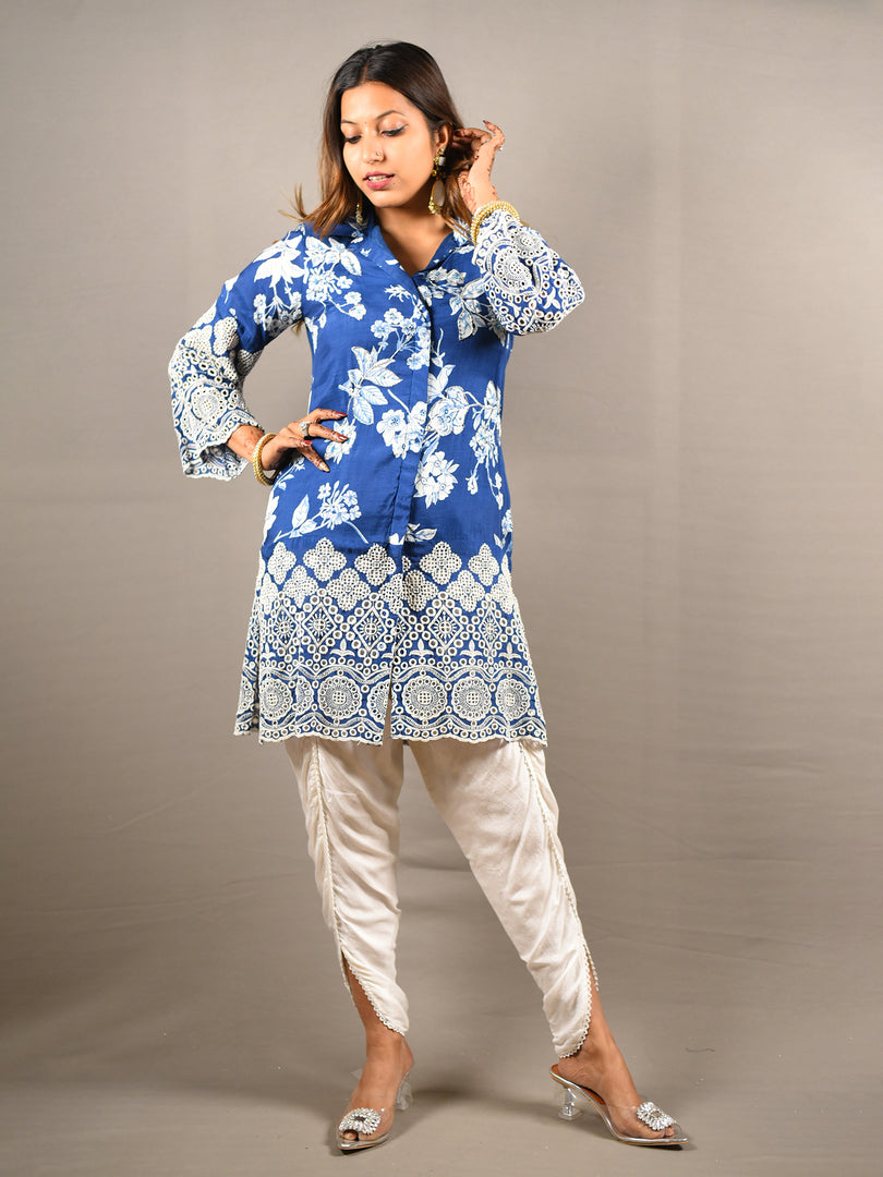 Blue and White 2 Piece Pure Cotton Suit