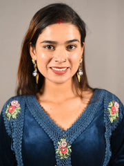 Blue Soft Premium Velvet Floral Embroidered Suit