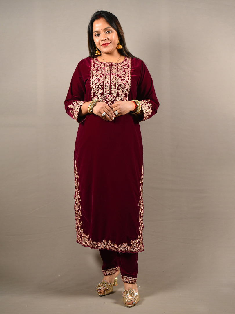 Soft Premium Velvet Floral Embroidered Suit