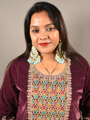 Purple Soft Premium Velvet Floral Embroidered Suit