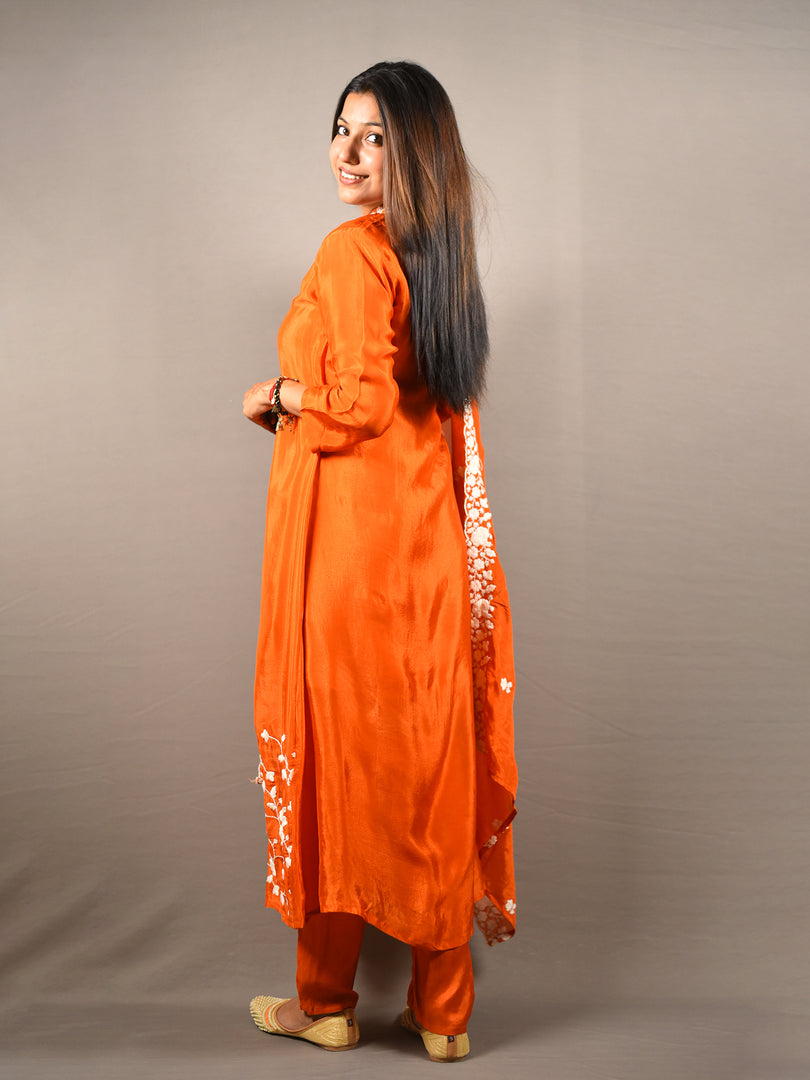 Radiant Orange Floral Embroidered Suit Set with Dupatta