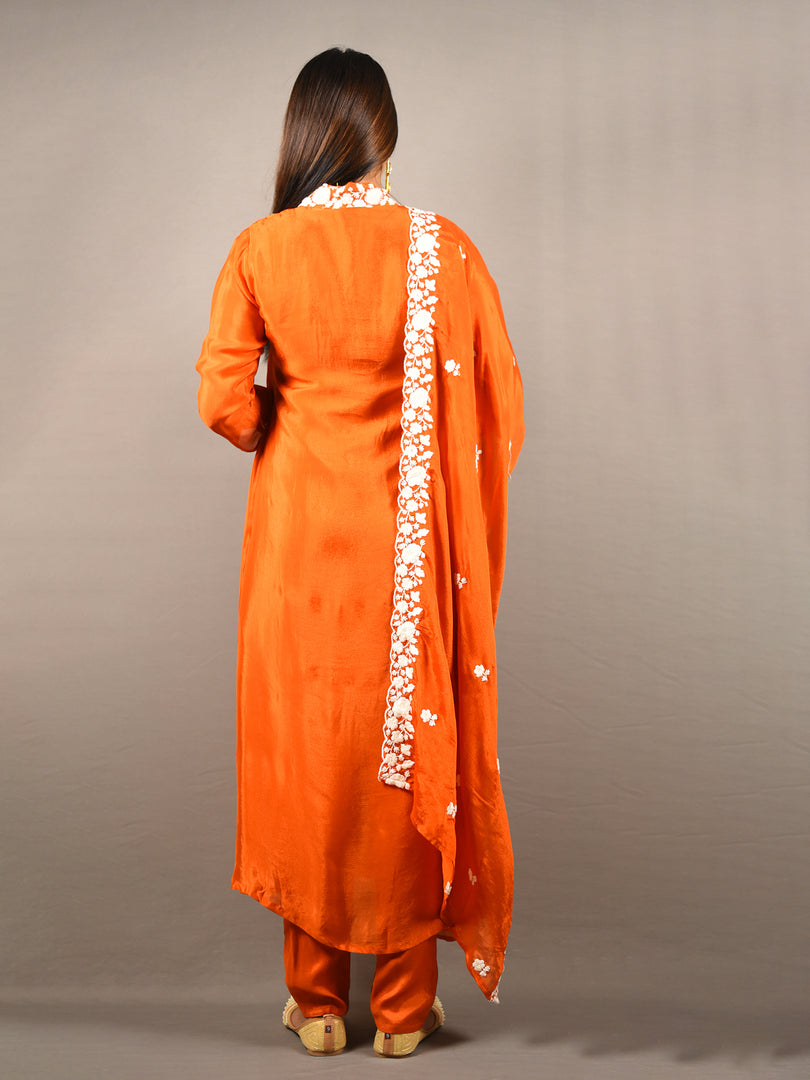 Radiant Orange Floral Embroidered Suit Set with Dupatta