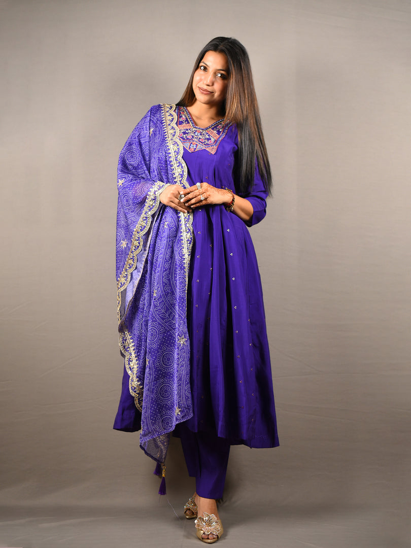 Royal Purple Embroidered Anarkali Set With Bandhej Dupatta