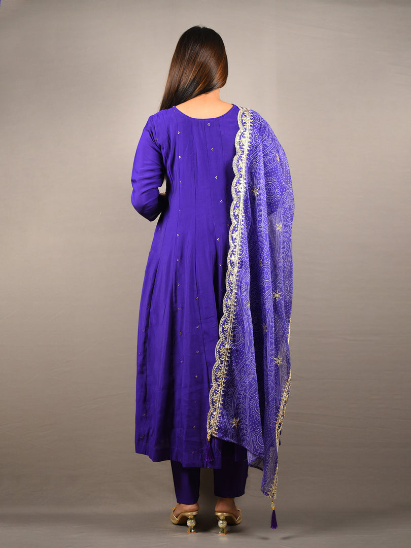 Royal Purple Embroidered Anarkali Set With Bandhej Dupatta