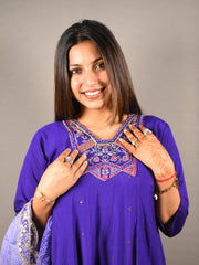 Royal Purple Embroidered Anarkali Set With Bandhej Dupatta