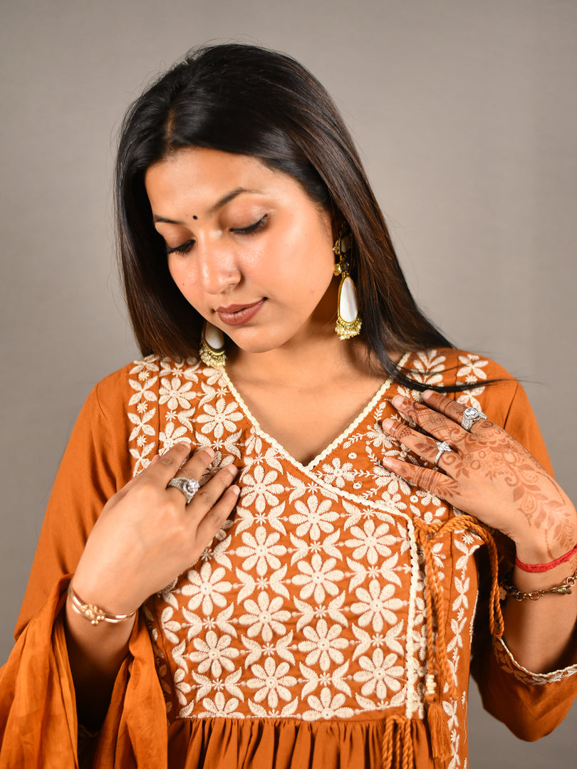 Brown Ethnic Embroidered Three-Piece Suit Set