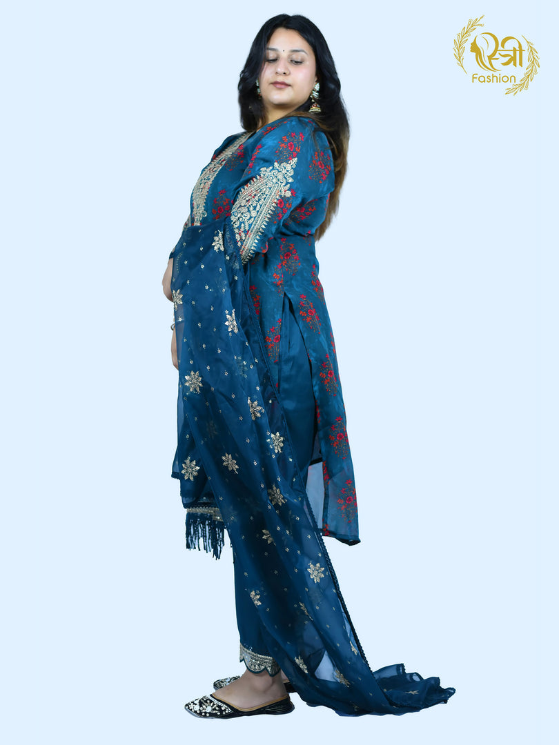 Dark Blue Chinon Straight 3 Piece Suit with Organza Dupatta