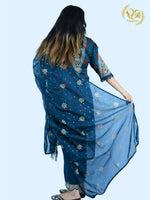 Load image into Gallery viewer, Dark Blue Chinon Straight 3 Piece Suit with Organza Dupatta
