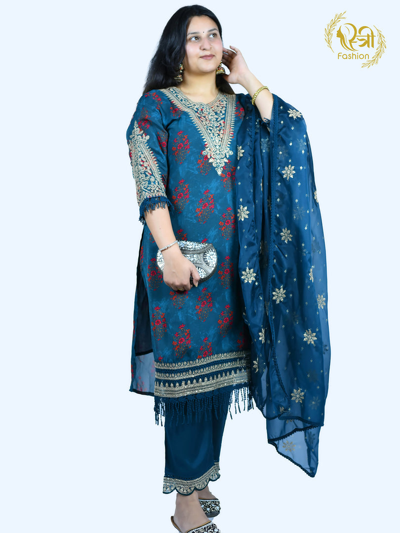 Dark Blue Chinon Straight 3 Piece Suit with Organza Dupatta