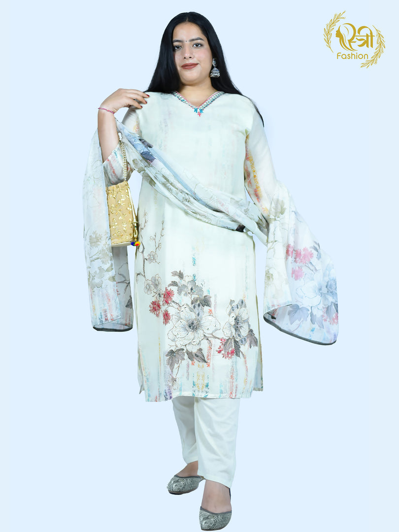 Off White Digital Printed Cotton Blend Straight Suit with Dupatta