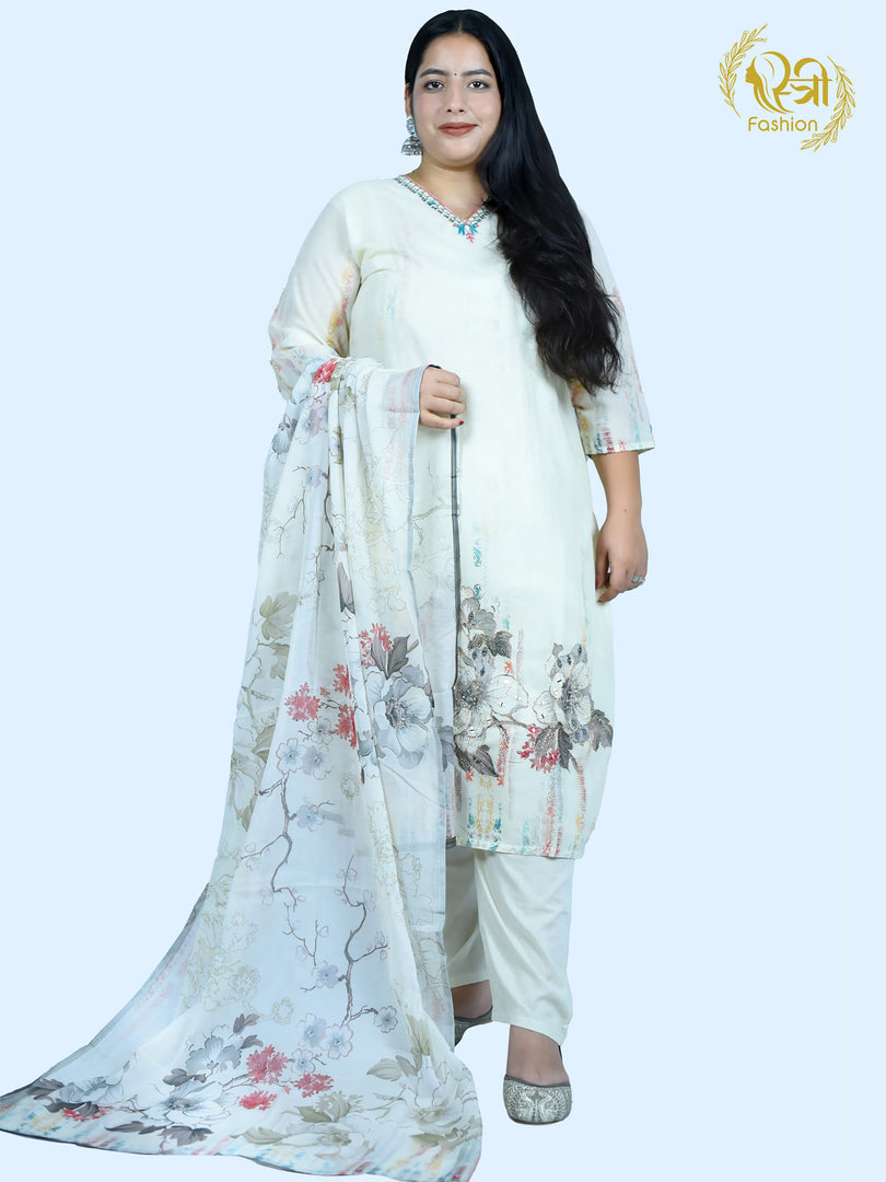 Off White Digital Printed Cotton Blend Straight Suit with Dupatta