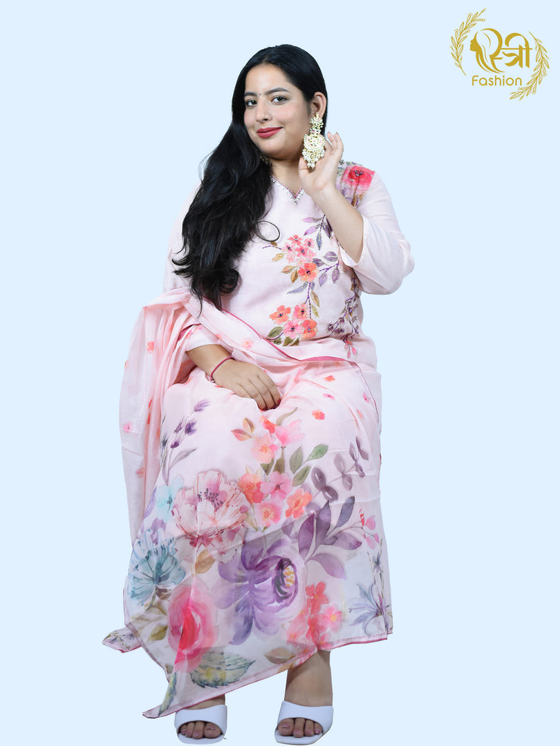 Light Pink Digital Printed Cotton Blend Straight Suit with Dupatta