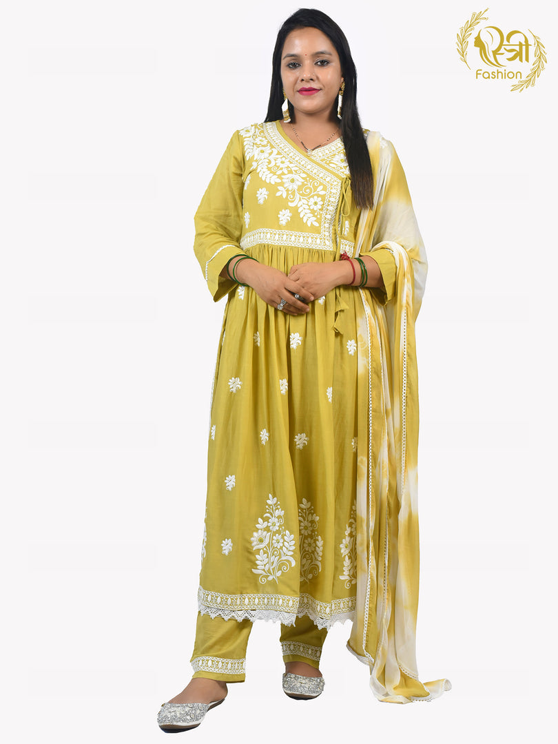 Lemon Green Chicken Kari work Cotton Blend Straight Suit with Chiffon Dupatta