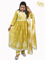 Load image into Gallery viewer, Lemon Green Chicken Kari work Cotton Blend Straight Suit with Chiffon Dupatta
