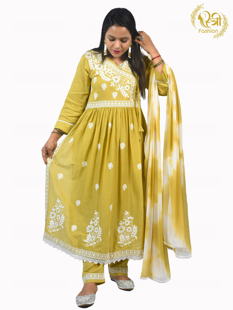 Lemon Green Chicken Kari work Cotton Blend Straight Suit with Chiffon Dupatta