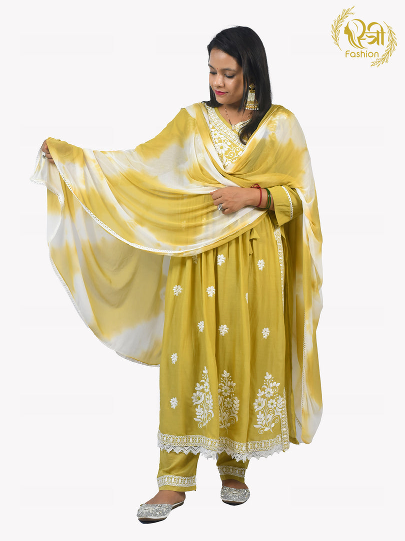 Lemon Green Chicken Kari work Cotton Blend Straight Suit with Chiffon Dupatta