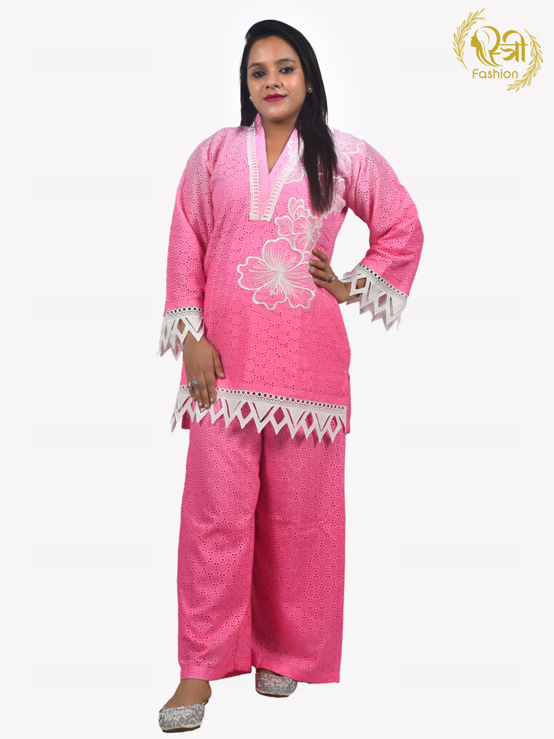 Pink Cotton Schiffli Co-ord Set With Applique Work