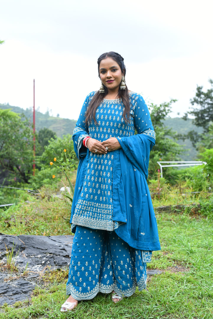 Blue Original stone Georgette Fabric Computer Work Sharara