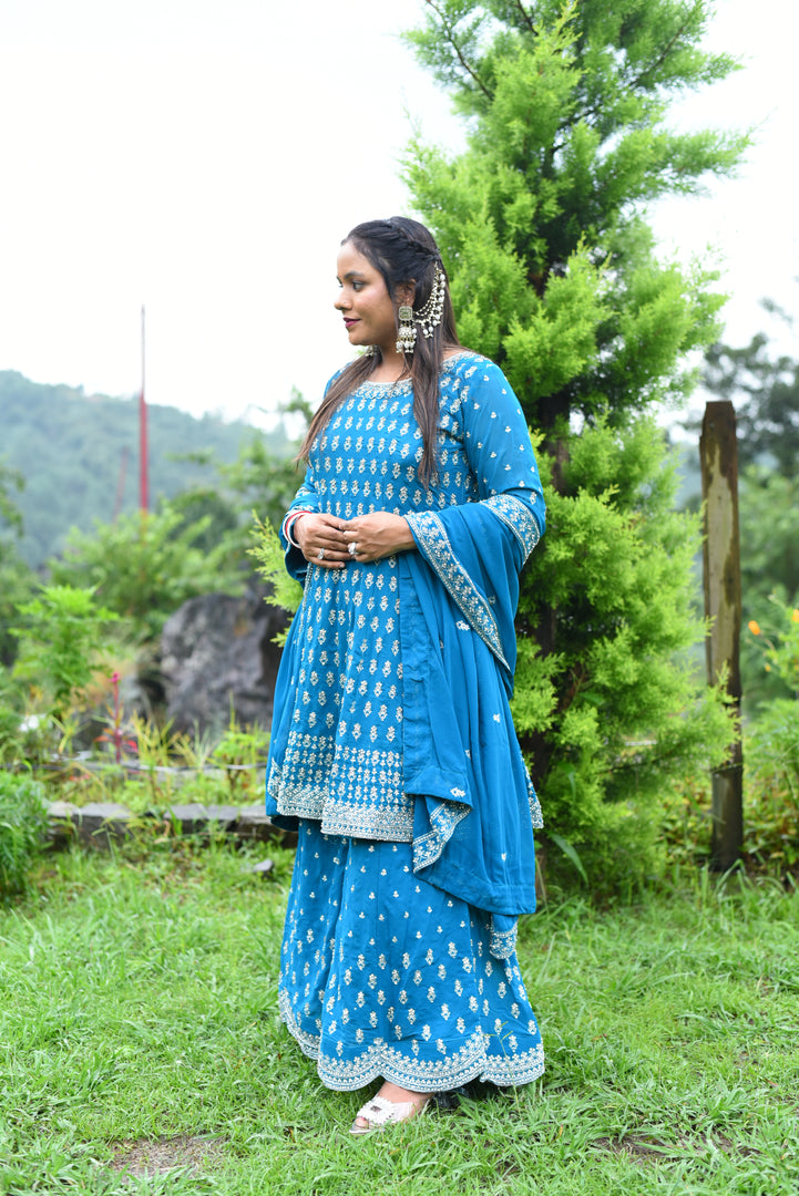 Blue Original stone Georgette Fabric Computer Work Sharara