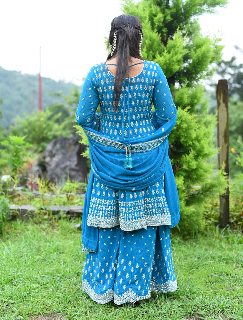 Blue Original stone Georgette Fabric Computer Work Sharara