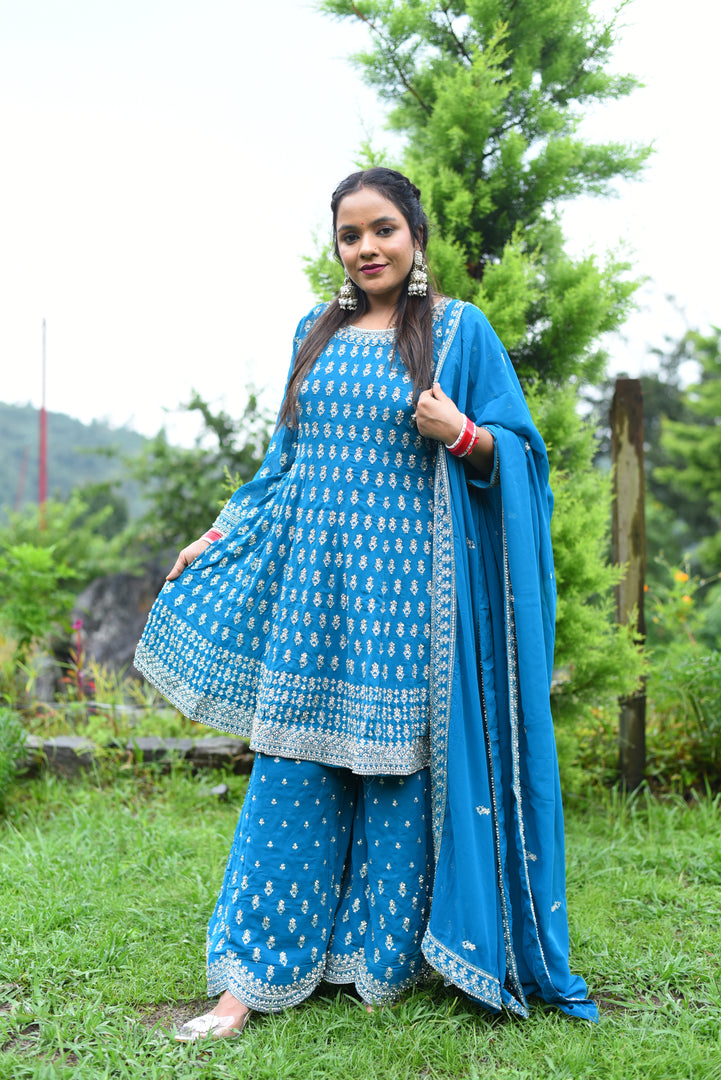 Blue Original stone Georgette Fabric Computer Work Sharara