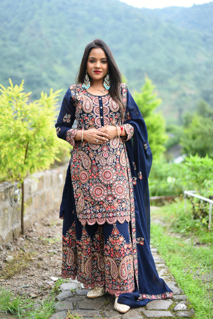 Dark Blue Heavy Dhori Work Georgette Fabric Original Stone Sharara